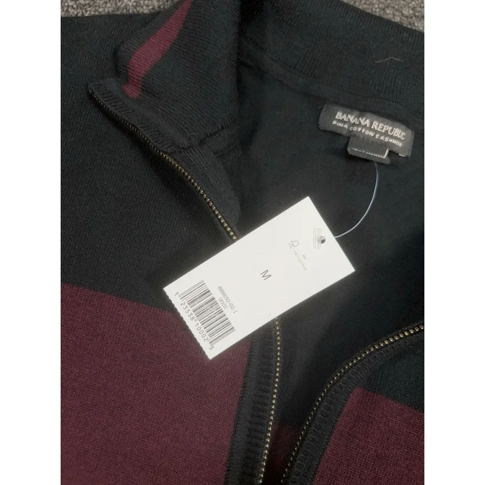 New Banana Republic Sweater Men's Medium Black Burgundy Striped 1/4 Zip Cashmere
